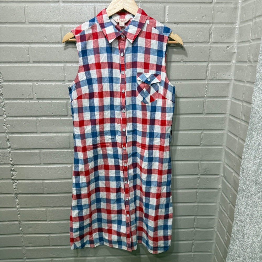 Brooks Brothers Red Fleece Plaid‎ Linen Blend Sleeveless Shirt Dress Red Blue 8 - Picture 4 of 11